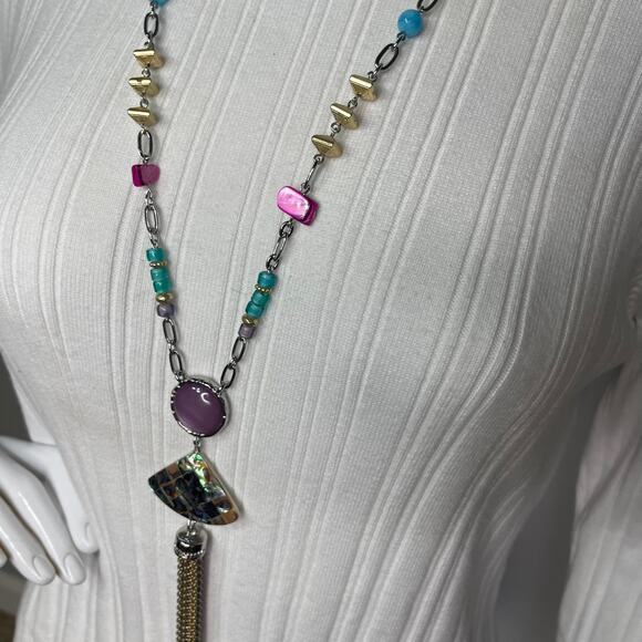 Chico's long pendant necklace mixed metals silver tone signed costume jewelry - Picture 4 of 13